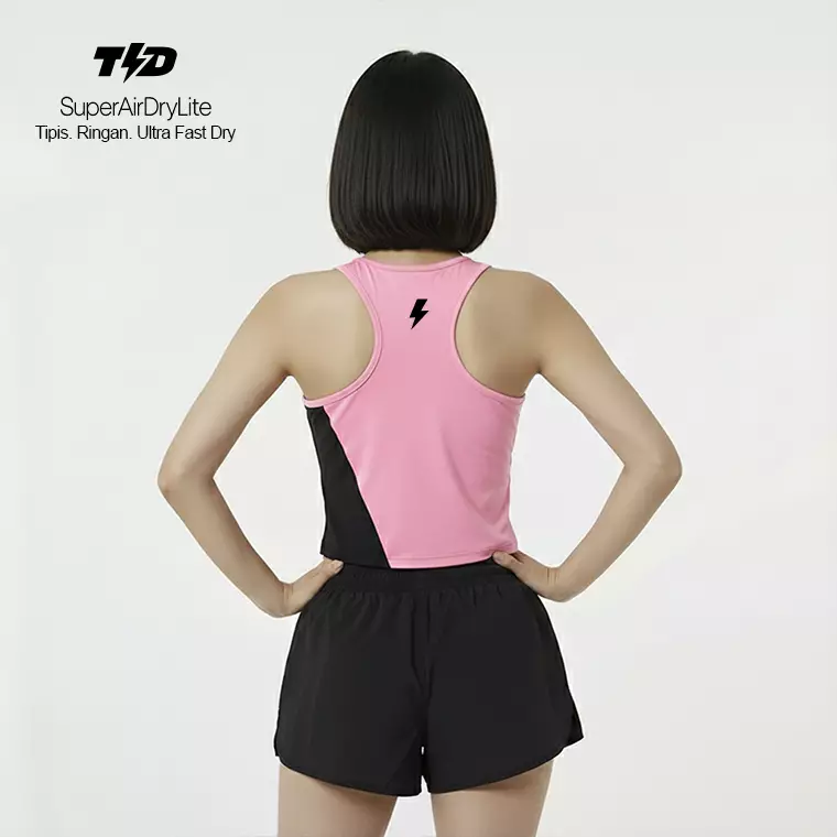 TDACTIVE Kaos Crop Tank Wanita Lari Running Padel diagcut hitam pink black pink LSF23