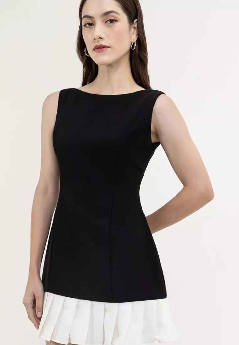 Gabbi Boat-neck Pleated-hem Mini Dress