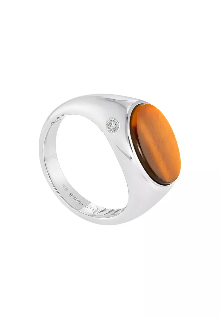 HABIB Oval Tiger Eyes and Diamond Men's Ring in 925 Silver Palladium 119730424(PLD)-TIGE