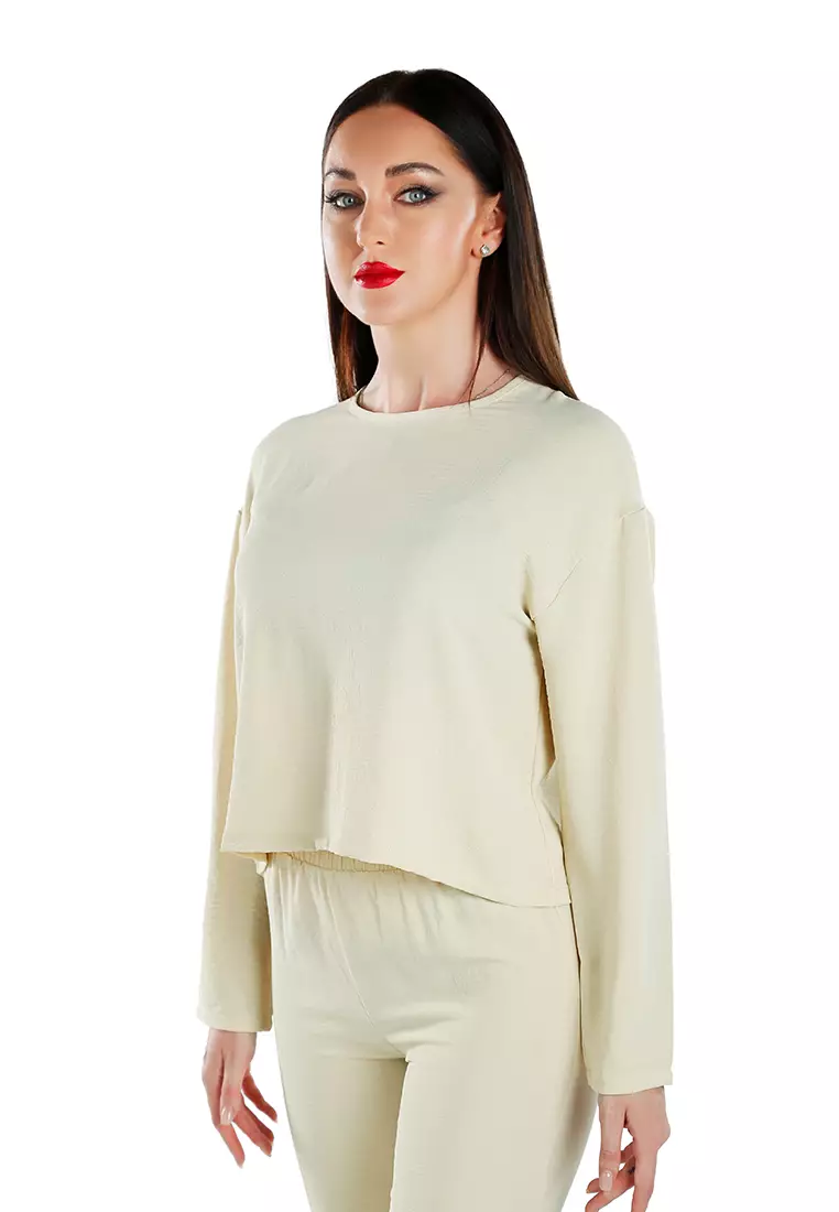 Cream Full Sleeves Top & Fitted Full Pants Coord Set