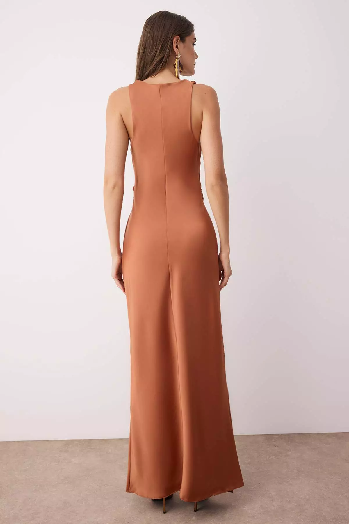Brown Body Fitting Satin Maxi Evening Dress