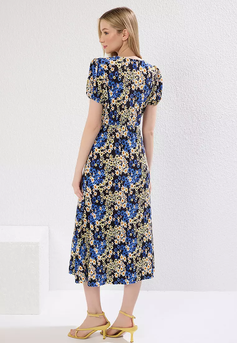 Floral Pleated Shift/Straight Cut Midi Knit Dress