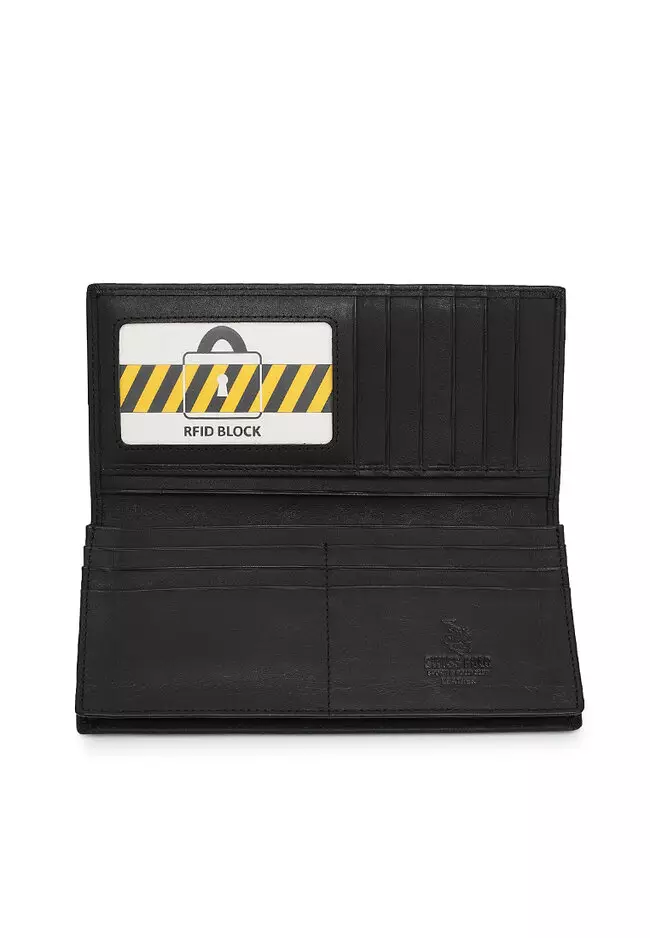Men's Genuine Leather RFID Blocking Long Wallet - Black