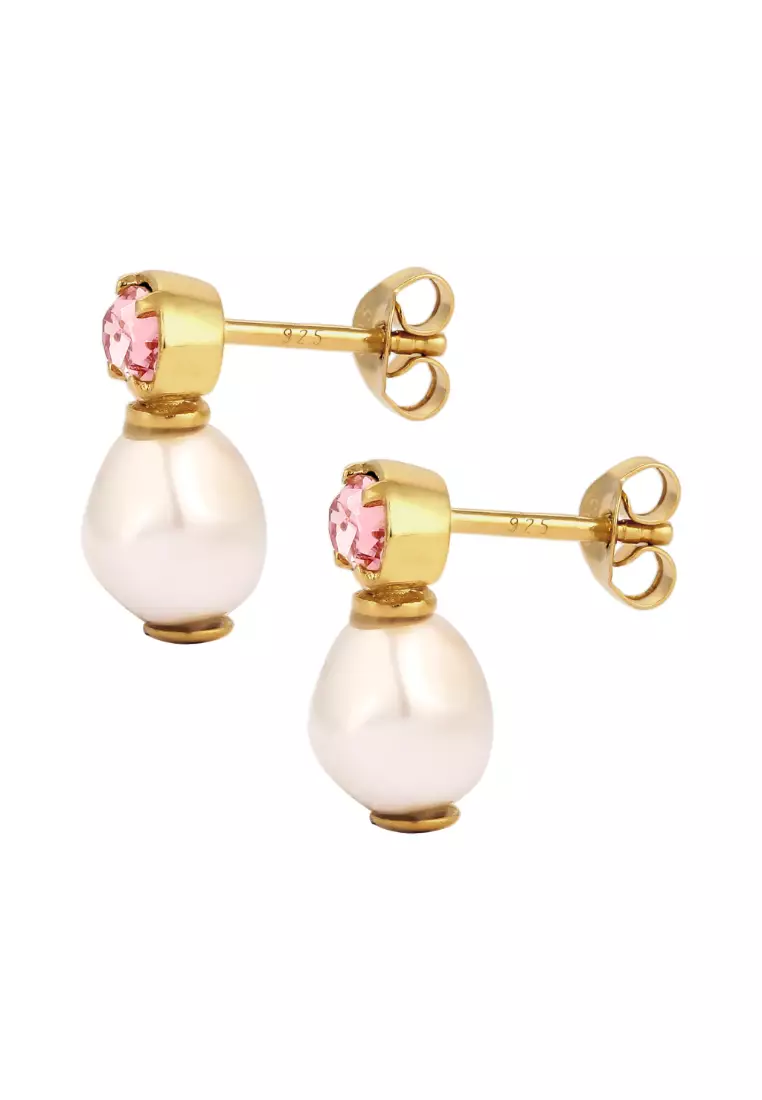 Earrings Stud Pearl Gold Plated Embellished With Crystal By Swarovski®
