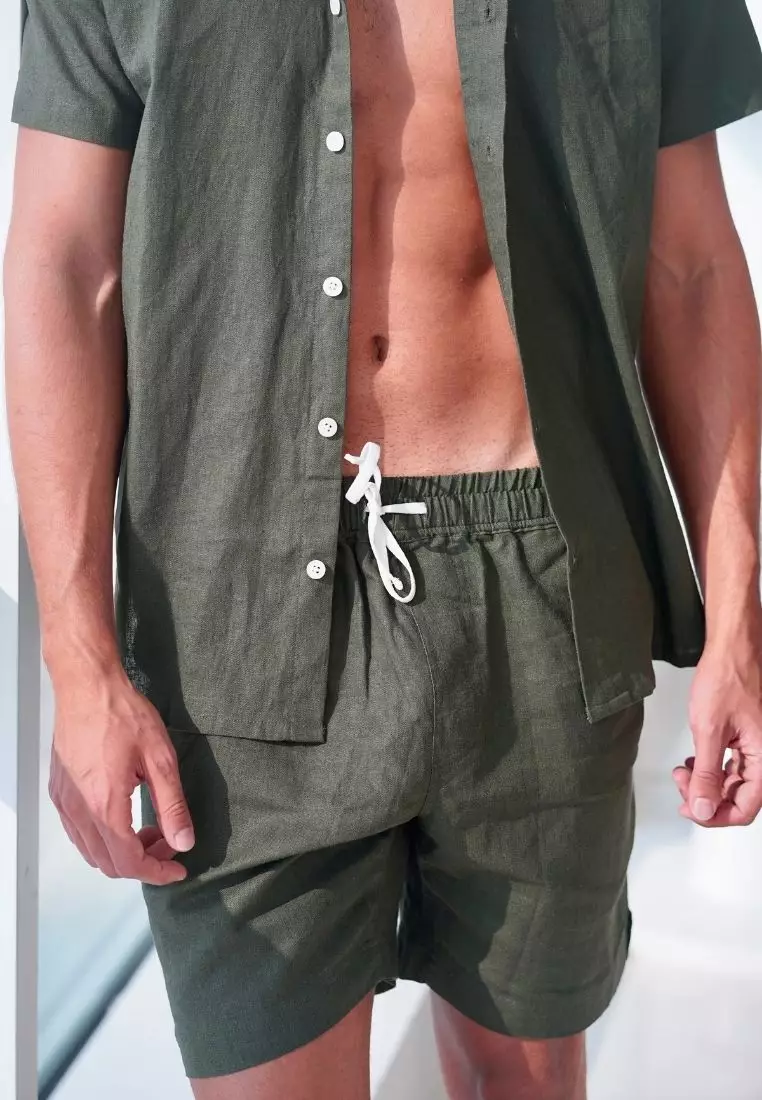 Palm Tree Kemeja Linen Lengan Pendek Pria Hijau Army | Linen Short Sleeve Shirt Men Army Green