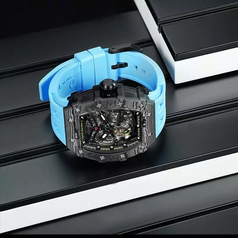 Jam Tangan Pria Tsar Bomba Elemental TB8208CF-11 Carbon Fiber Automatic Skeleton Dial Light Blue Rubber Strap