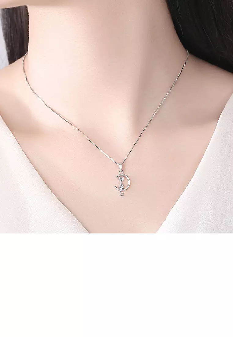 OHAYOO Cat Necklace 925 Sterling Silver Cat in Moon Pendant
