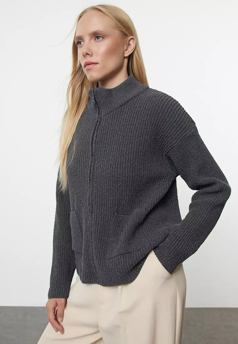 Anthracite More Sustainable Wide Pattern Soft Texture Pocket Detailed Knitwear Cardigan TWOAW25HI00314