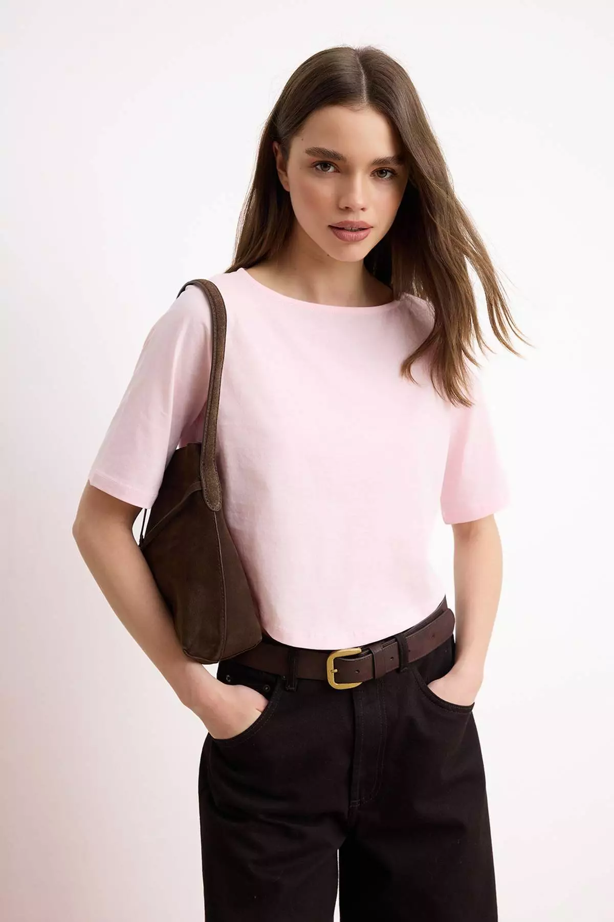 Light Pink Regular Fit Three Quarter Sleeve 1% Cotton Knitted T-Shirt Twoss26Ts2