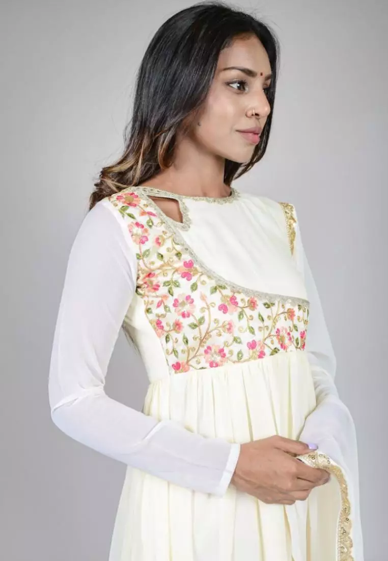 Buy Yeshan Sarees Off White Embroidered Anarkali Kurti With