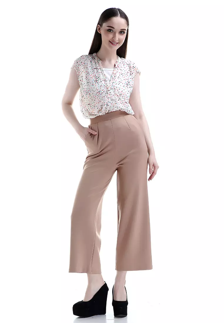 Xana Celana Kulot Bawahan Wanita Motif Solid Design Simple Woman - Mocca