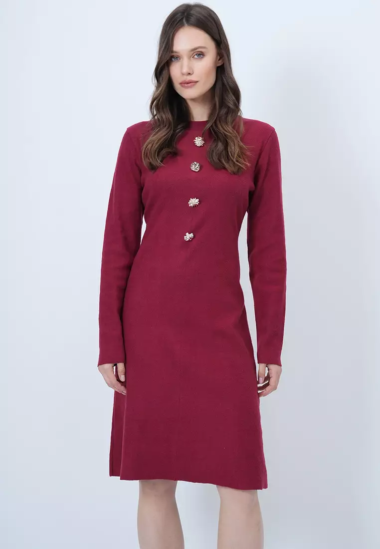 Crew Neck Button Detailed Midi Length Knitwear Dress