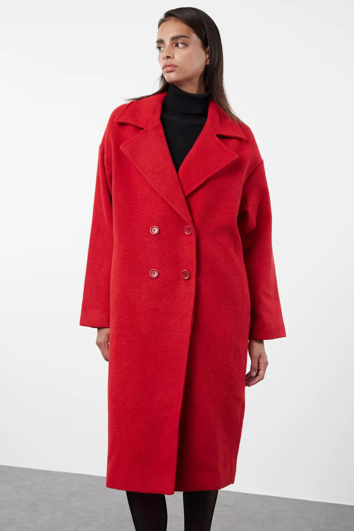 Red Oversize Wide Cut Long Wool Cashmere Coat TWOAW21KB0038