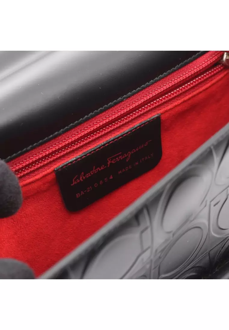 Pre-Loved Salvatore Ferragamo Gancini one shoulder bag leather black embossing