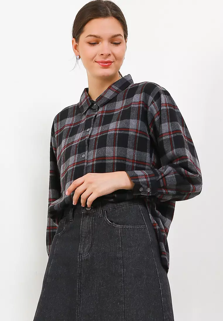 Kemeja Wanita Flanel Delly Grey Black