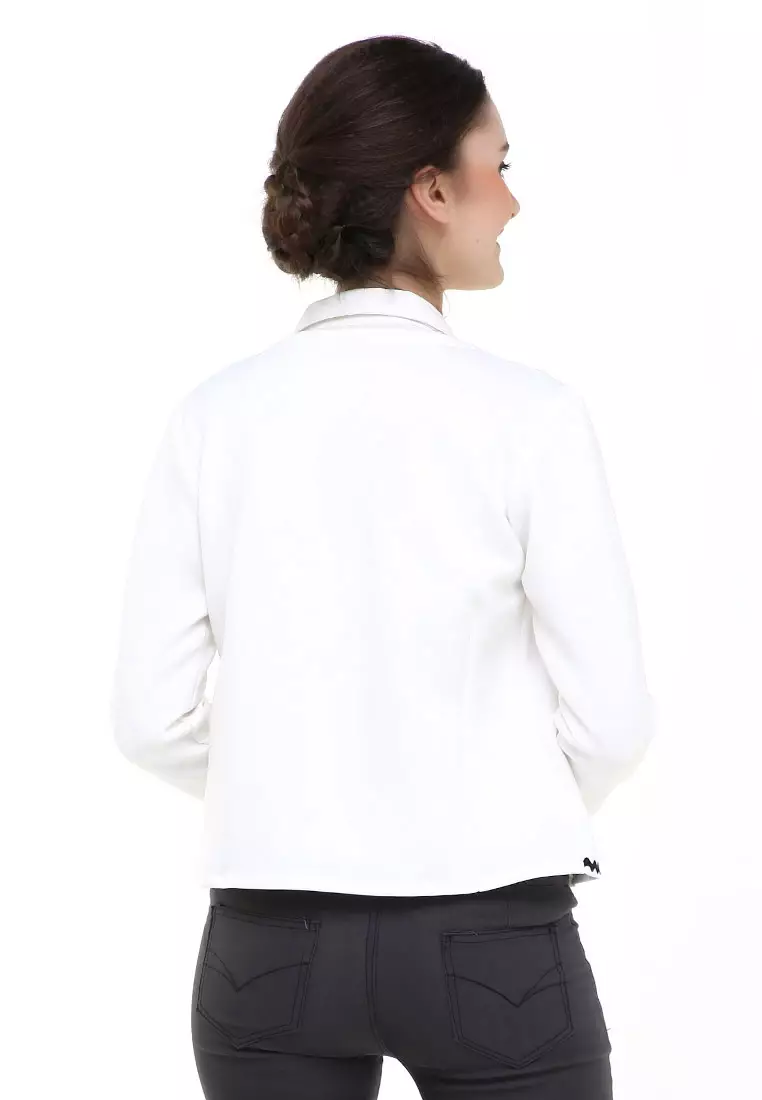 Qemsya Jas Blazer Wanita Lace Motives Formal Longsleeve Suit Material Scuba ORIGINAL - White