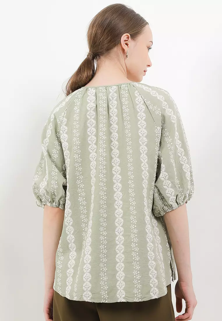 Beaded Tassels Emb Puff Sleeves Blouse