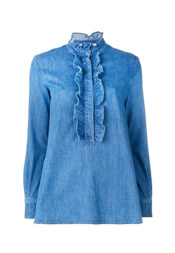Stella McCartney blue Stella McCartney Asymmeter Hem Upright Collar Applied Ruffles Denim Shirt in Blue C6C78AA3A3DDB4GS_1
