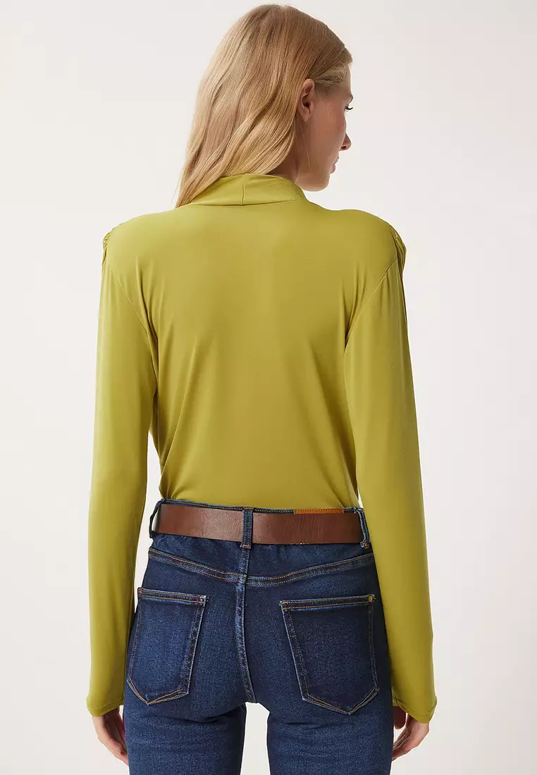 Women's Oil Green Wrap Collar Padded Snap Sandy Blouse Zh00039