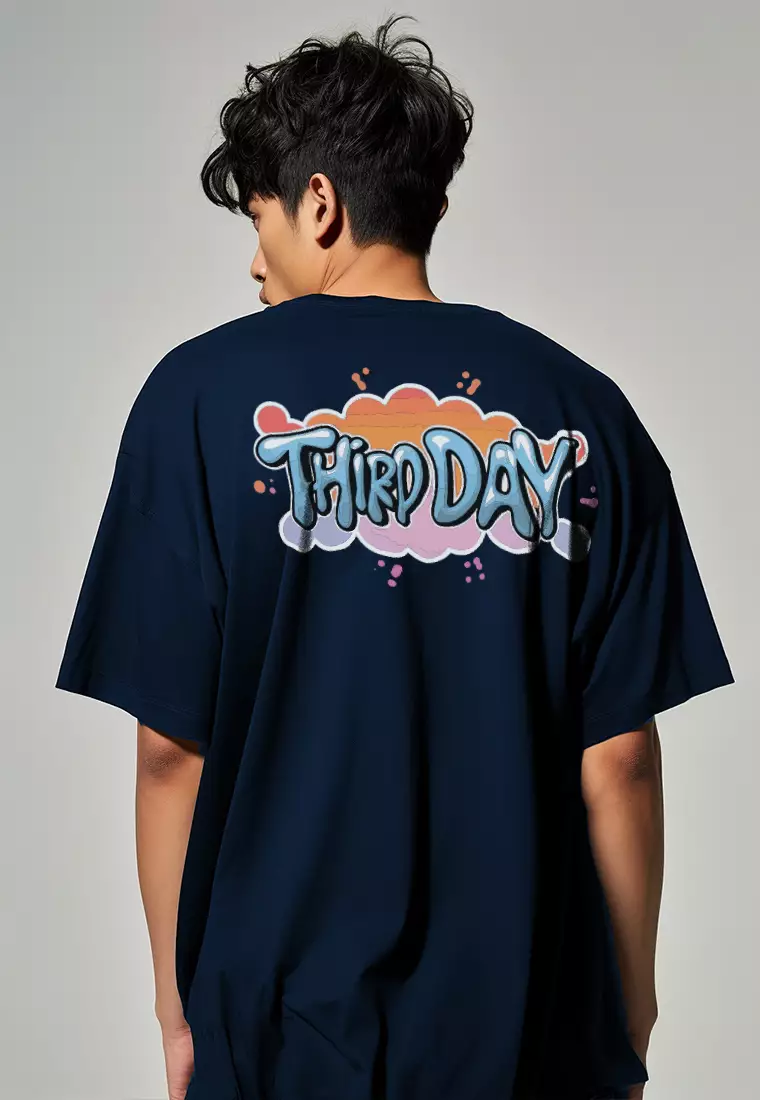 MTQ27 kaos oversize gambar belakang aesthetic bahan tebal scuba third day orange splat graffiti navy