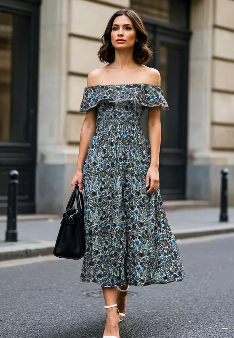 Blue Floral Carmen Collar A Line/Flare Cut Midi Knit Dress TWOSS25EL00544