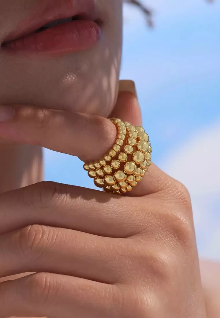 Seasonal Gift Set Value Deal - La Niçoise Ultra Light Ladies Metal Alloy Quartz Watch, White Dial, Gold Color Alloy Bracelet + Gold Color Stainless Steel Trending Bubble Ring