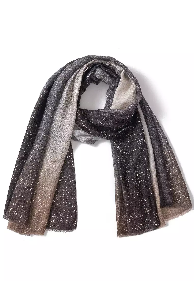 Aksesoris Wanita Syal Lebar Wanita Gradient Golden Glitter Embellish Lurex Prada Viscose Pashmina Shawl Black, Off white & Brown
