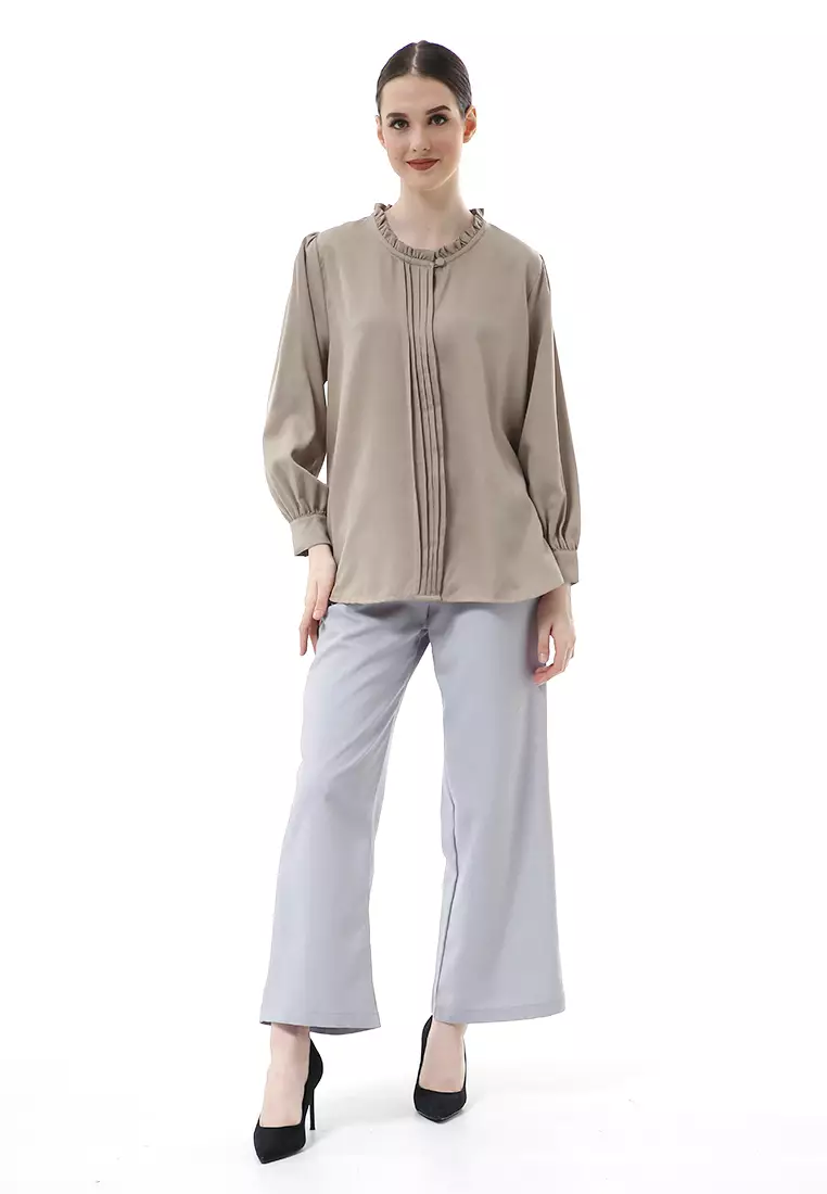 Vionka Kemeja Atasan Wanita Opnaisel Motif Polos - Charcoal