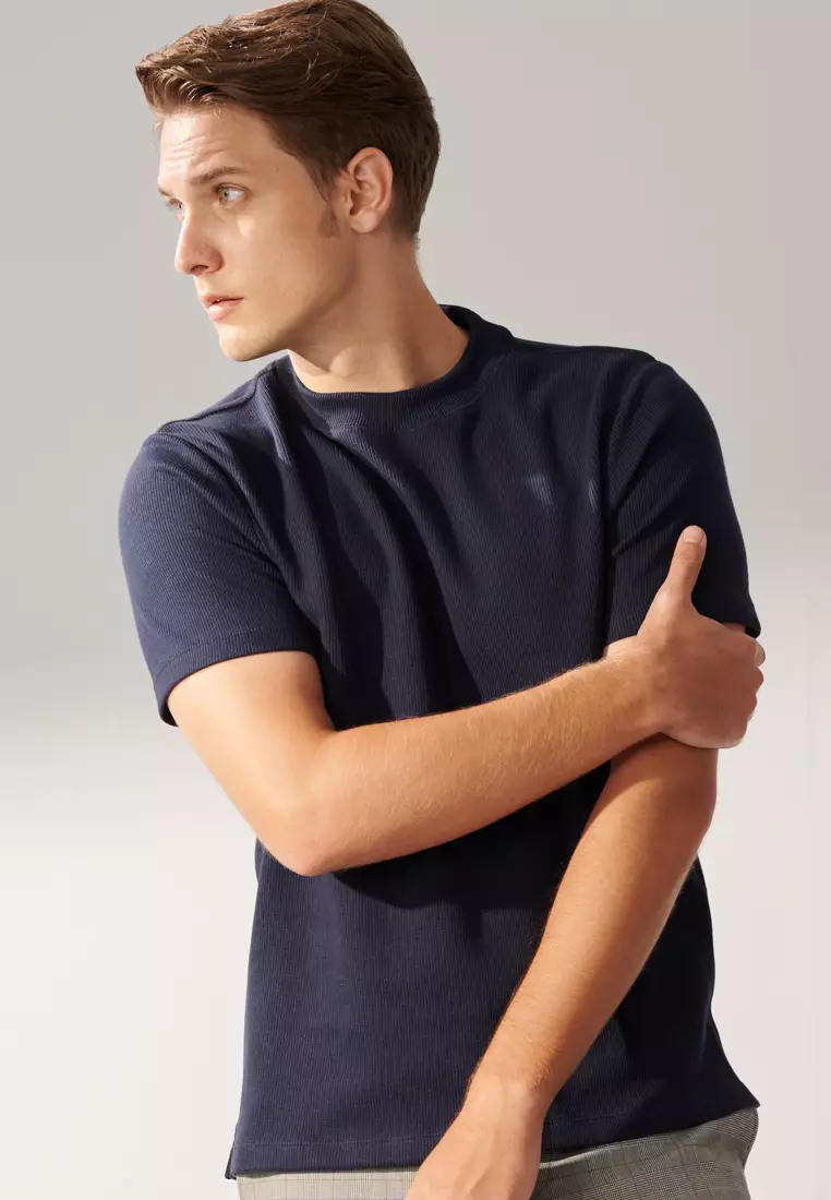 Buy SST&C Midnight Blue Textured Turtleneck T-shirt 2025 Online