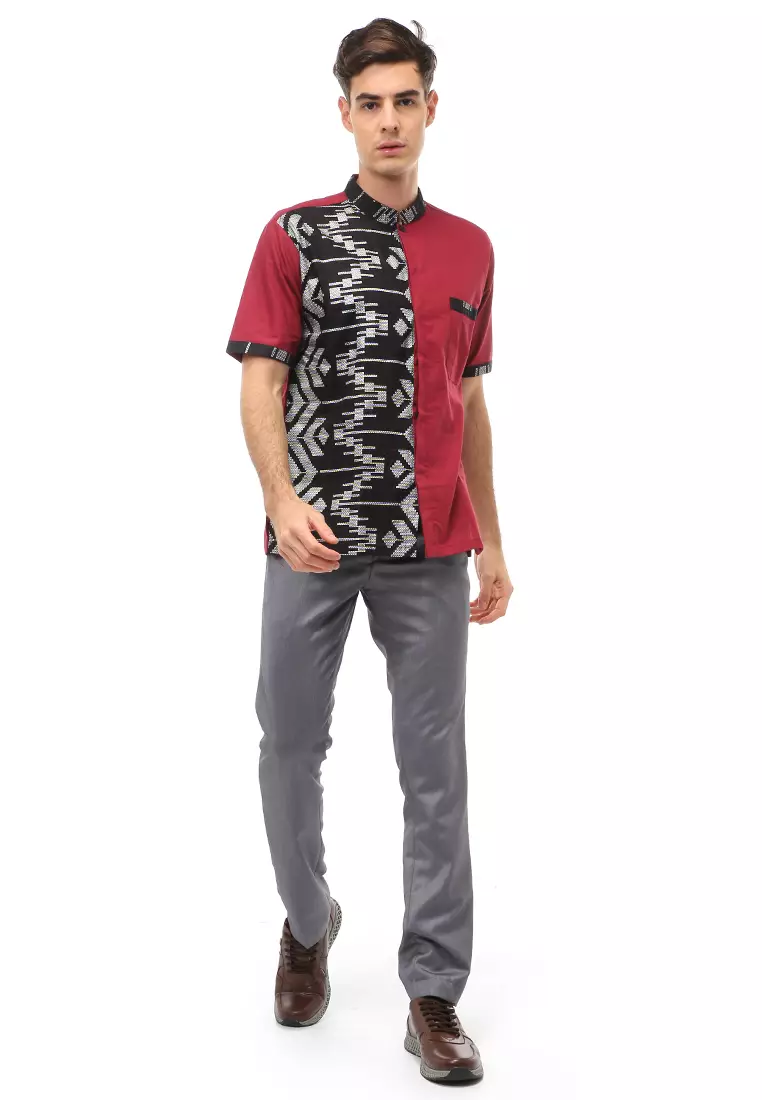 Dwan Atasan Formal Pria Kemeja Koko Batik Lengan Pendek Material Cotton ORIGINAL - Maroon
