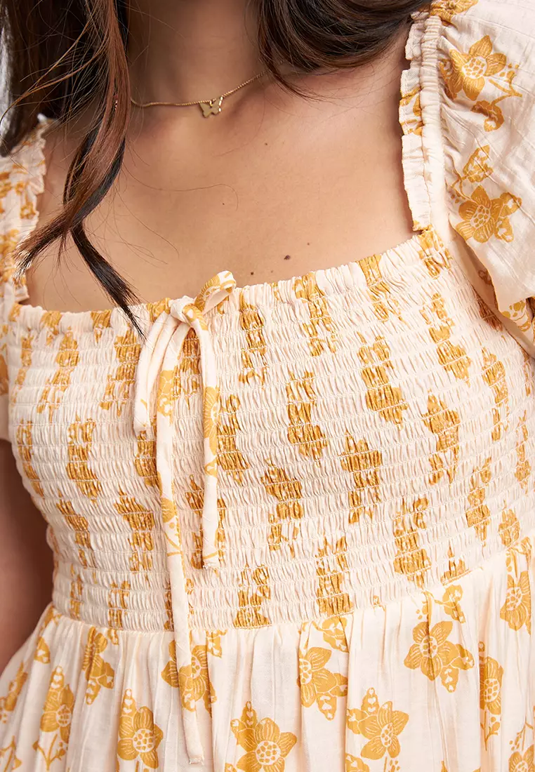 Block Print Smocked Babydoll Dress