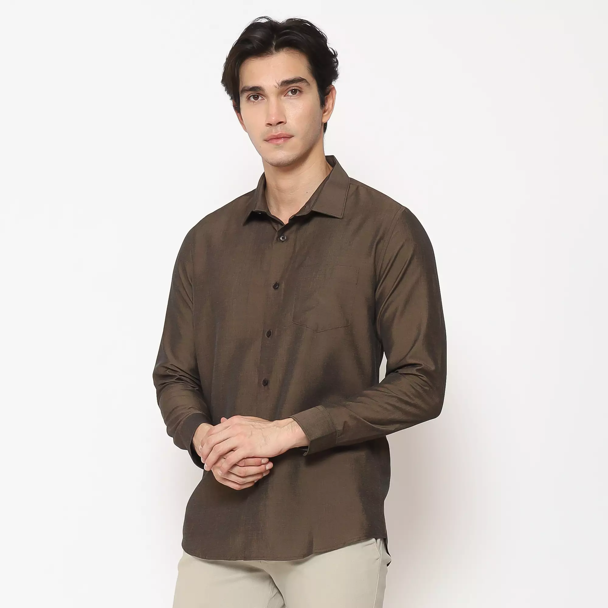 MAGINOT Kemeja Pria Basic Polos Panjang COFFEE