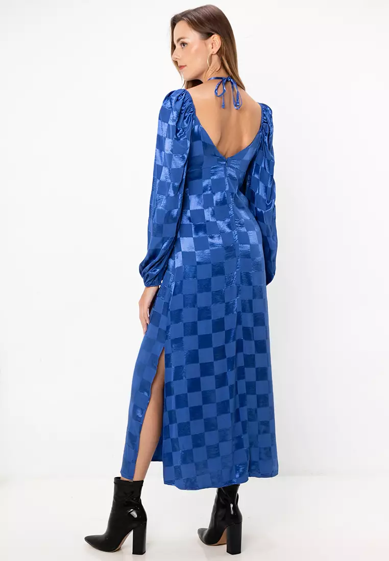 Satin Checkerboard Jacquard Midi Dress With Tie Neck Detail