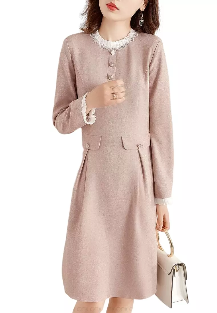 Vintage Pleated Lace Long Sleeve Dress