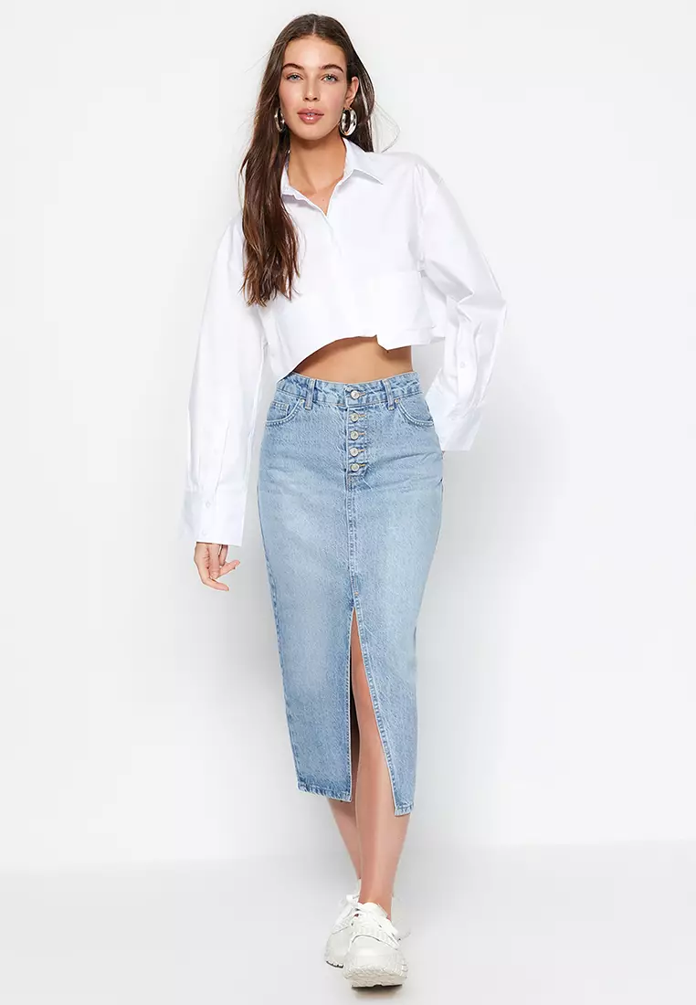 Denim Skirt with Buttons and Slits at the Front