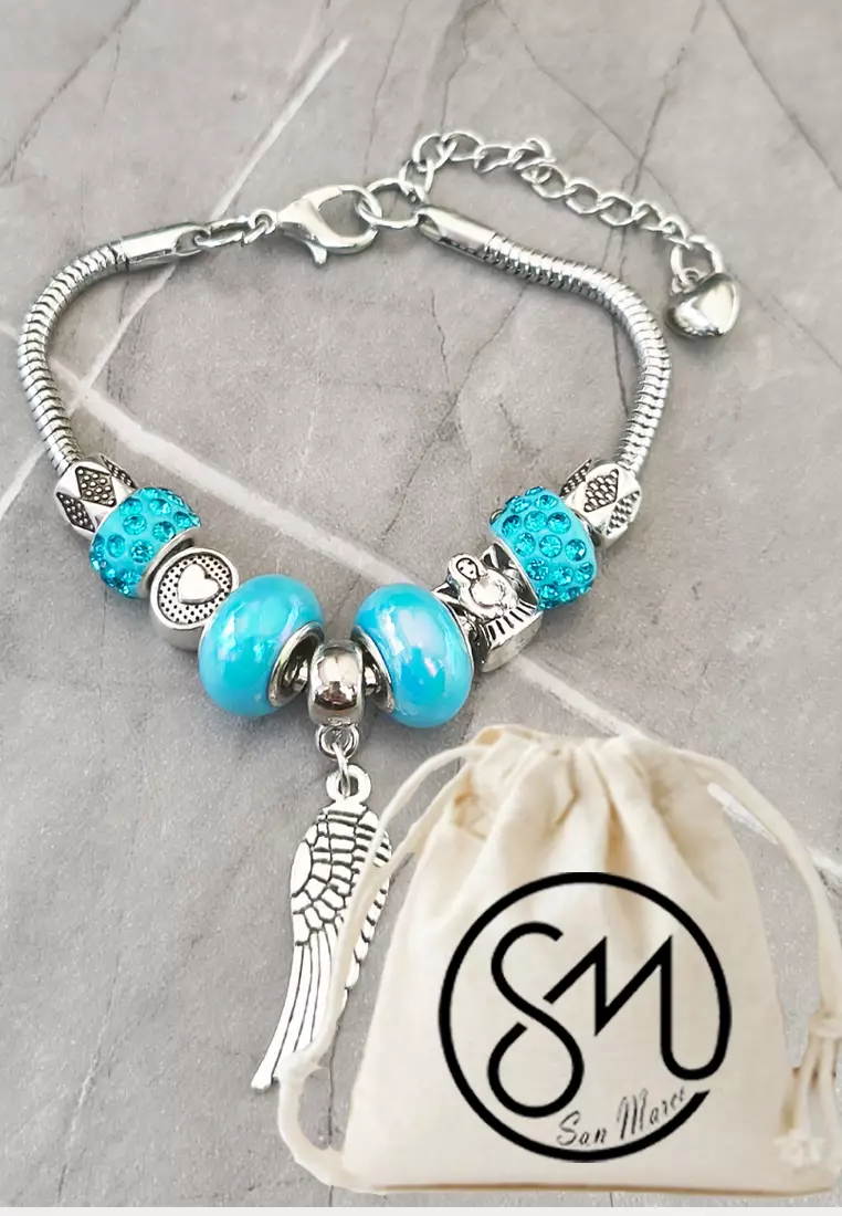 Accessories Wanita Feather Pomora Charm Bracelet Gelang Wanita Silver, Blue