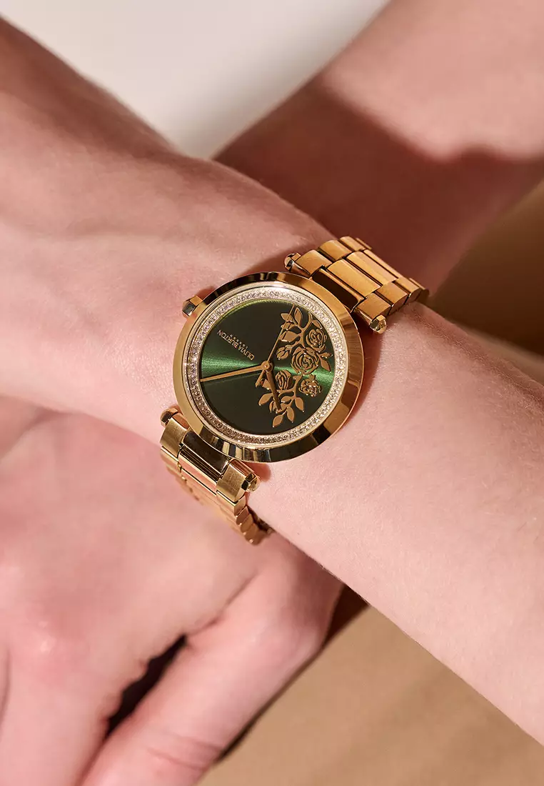 Olivia Burton 34mm Floral T-Bar Green & Gold Bracelet Watch - 24000043