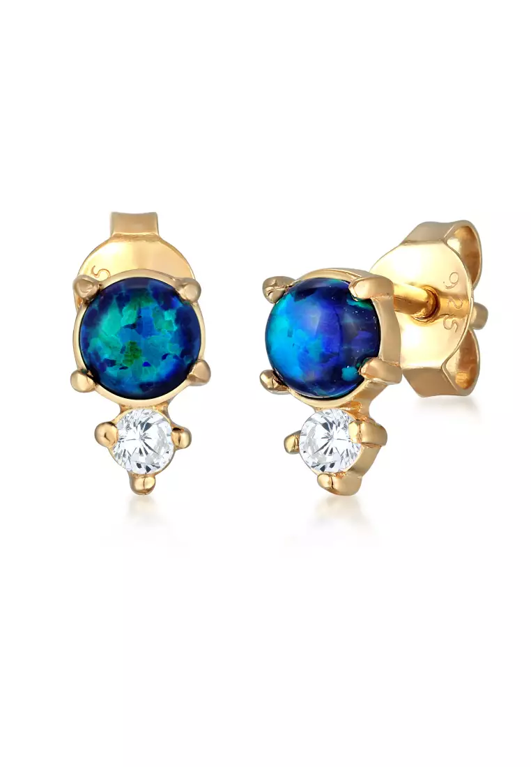 Anting Perhiasan Perak 925 Wanita Stud Vintage Zirconia Crystals And Opal Blue Gold Plated