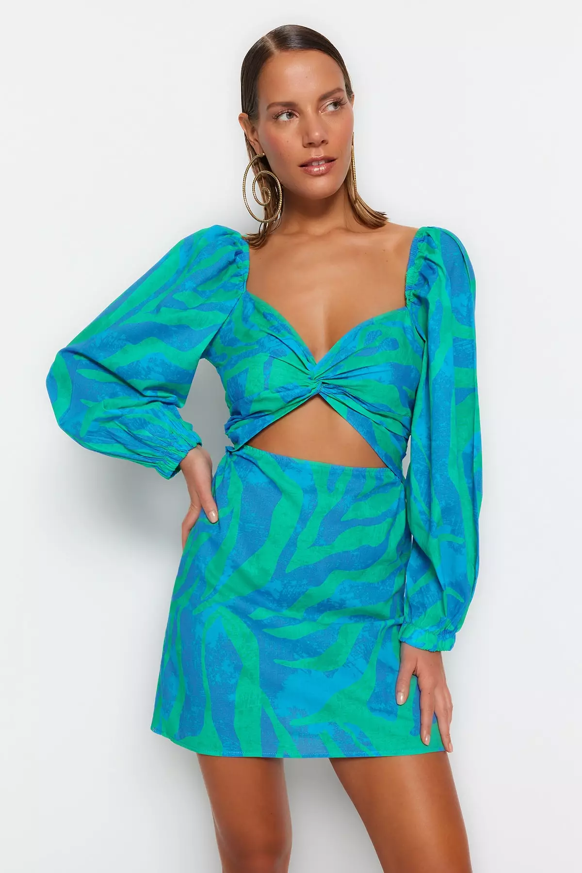 Pattern Fitted Cut Out Cotton Mini Beach Dress