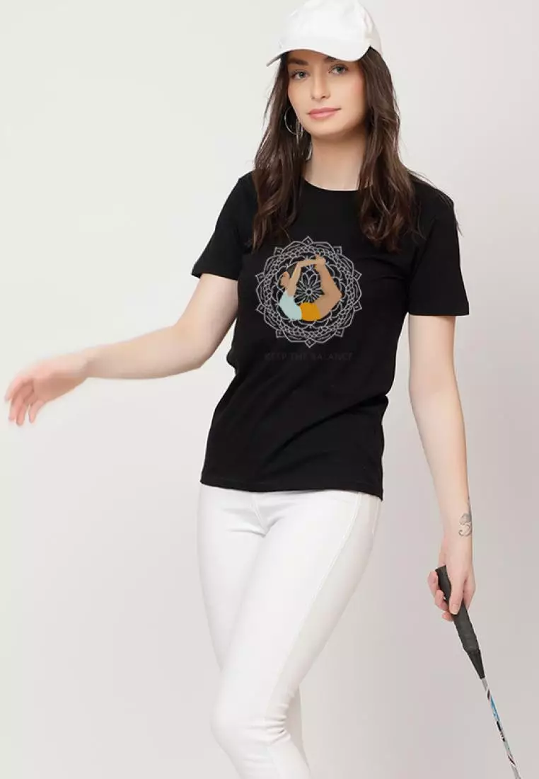 Keep TheBalance Relaxed 短袖时尚黑色棉质休闲图案印花 T 恤/T 恤