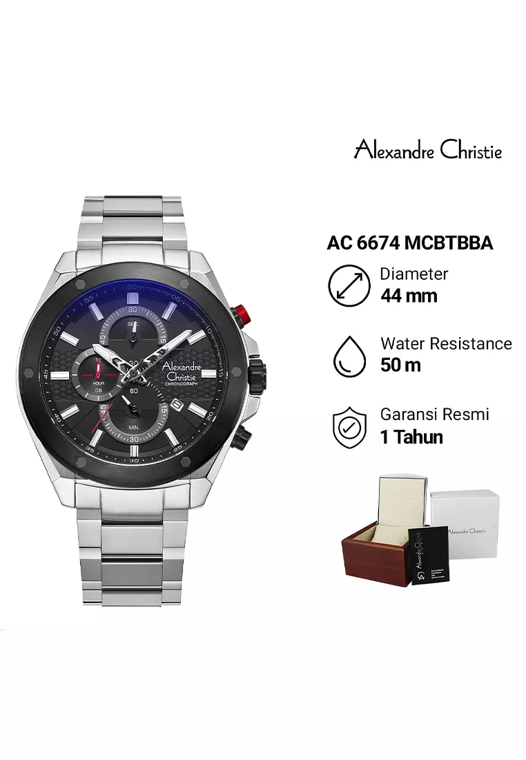 Alexandre Christie 6674 MCBTBBA - Jam Tangan Analog Pria - Silver Black - Stainless Steel