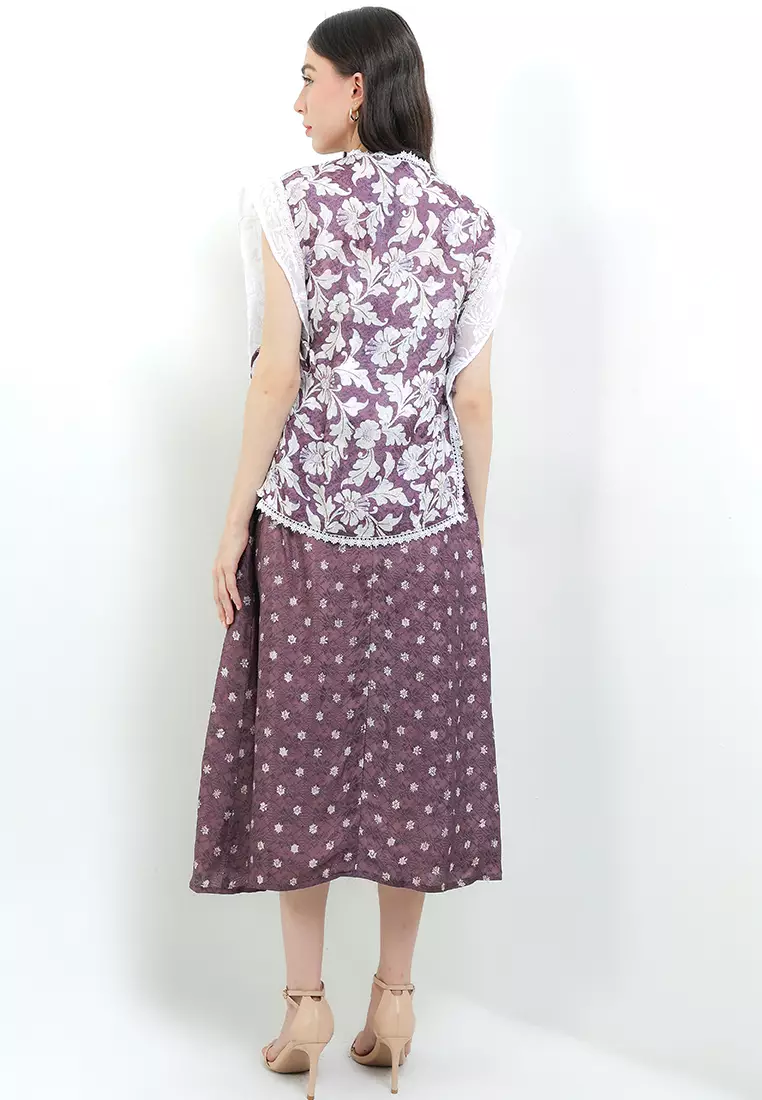 Setelan Batik Cap Atasan Outer Cardigan dan Rok Skirt Wanita Merona Spesial JFW Collection Ameera Mauve