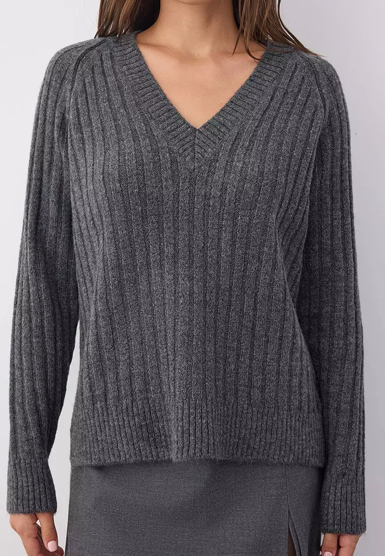 Wardrobe Essentials Anthracite Soft Textured Ribbed Knit Sweater
