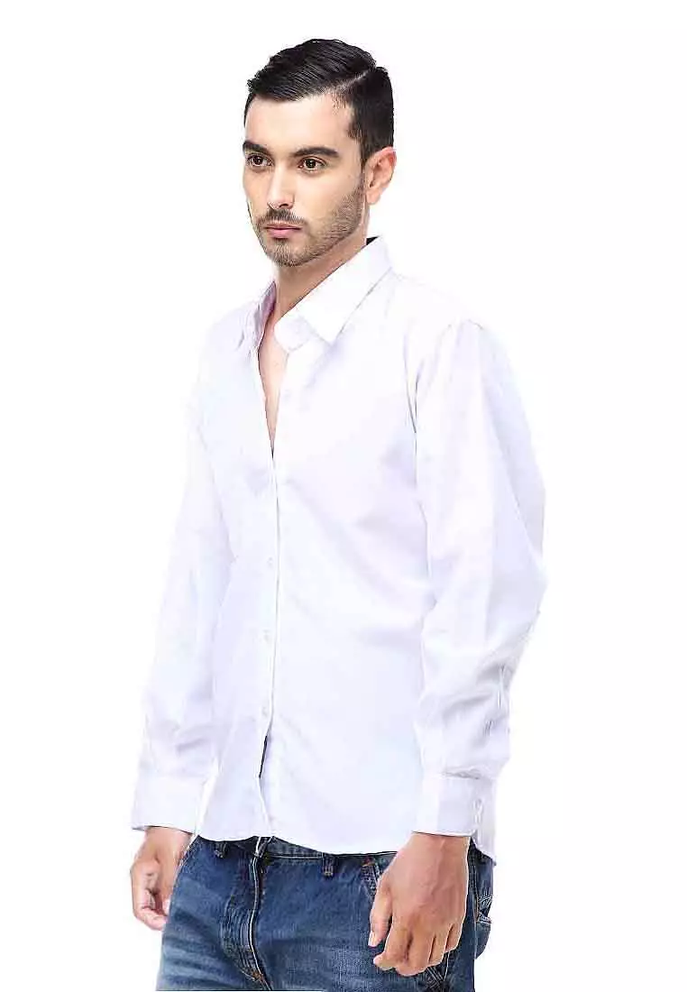 Dwan Kemeja Polos Pria Lengan Panjang Casual Plain Shirt Kasual Formal Material Cotton ORIGINAL - White