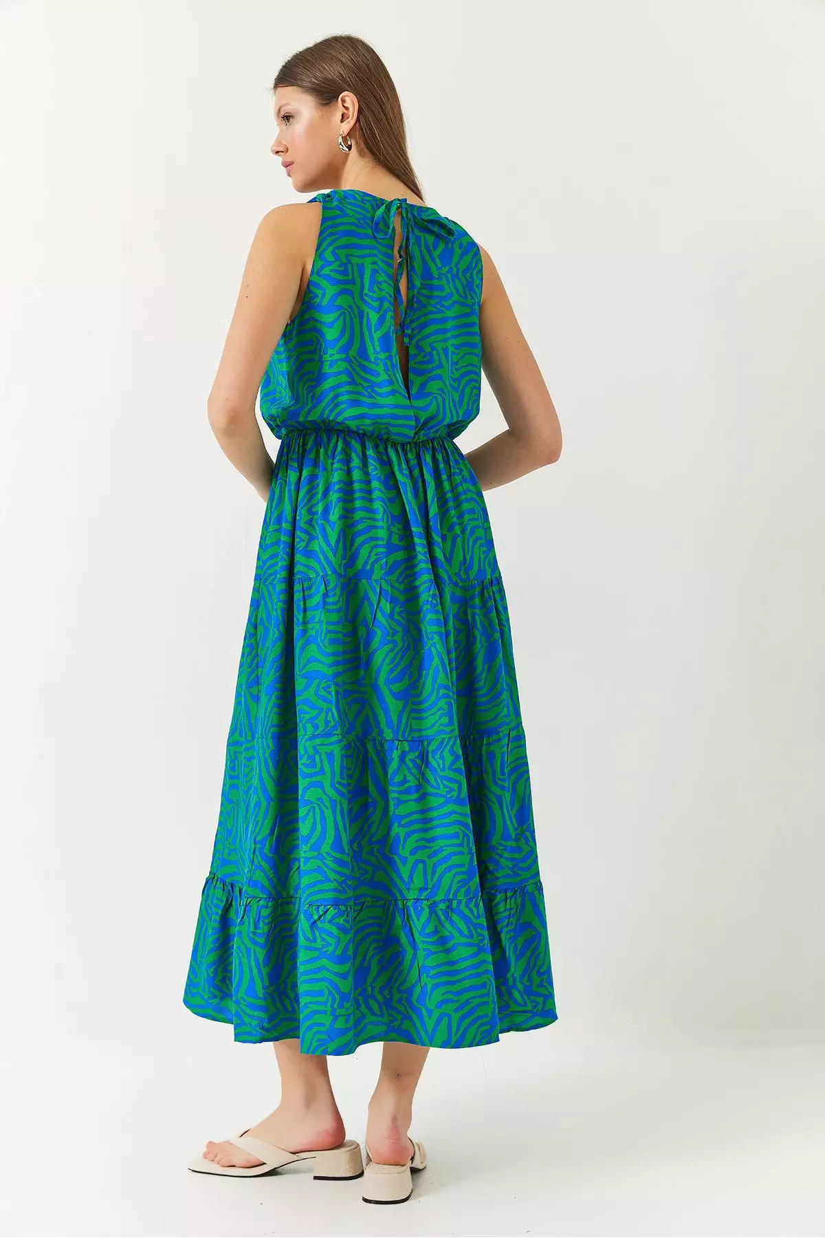 Women's Double Breasted Neckline Elastic Waist Back Rope Tie Print Dress 60261428