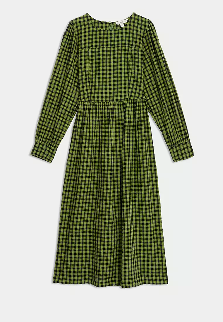 Pure Cotton Checked Midi Waisted Dress