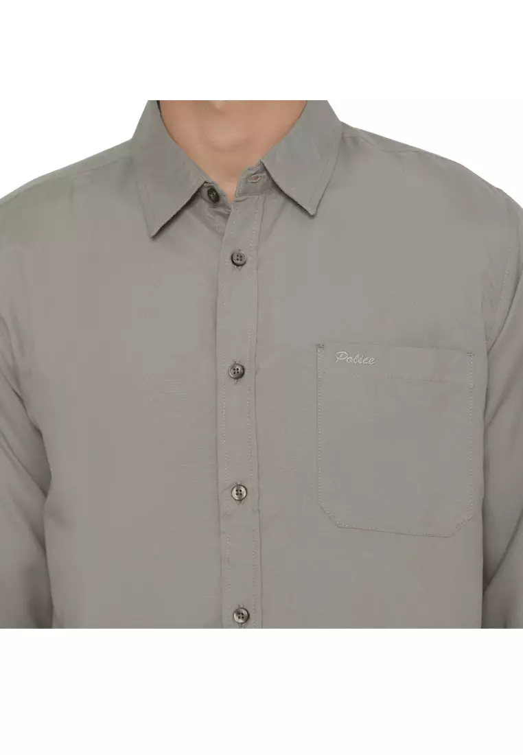 POLICE Kemeja Polos Basic Cotton Soft Grey Regular Fit Lengan Panjang Pria