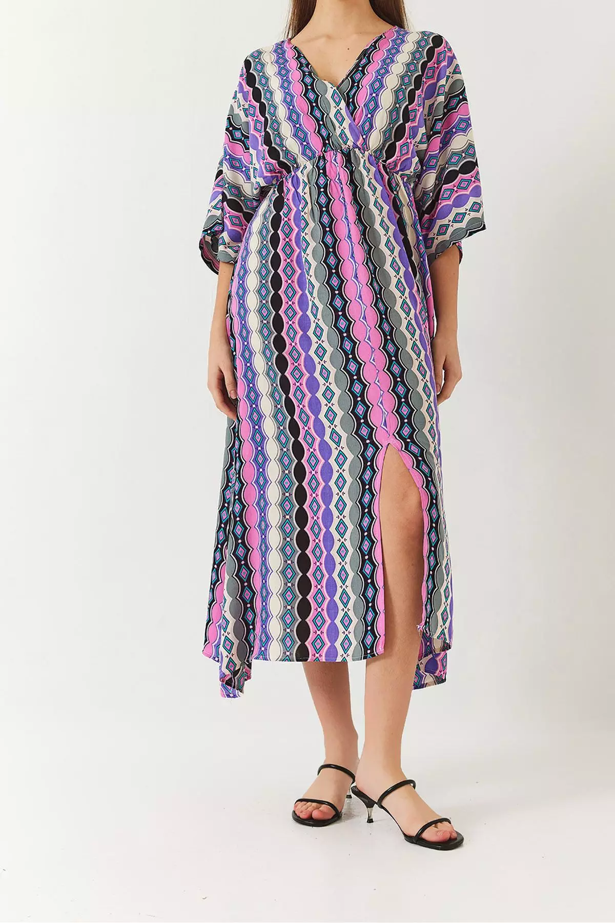 Women's Double Breasted V Neck Front Slit Detail Print Dress 60261411