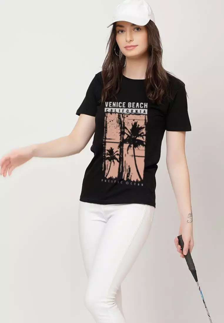 Venice Beach Relaxed Short Sleeve Stylish Black Cotton Casual Graphic Print Tee/TShirt
