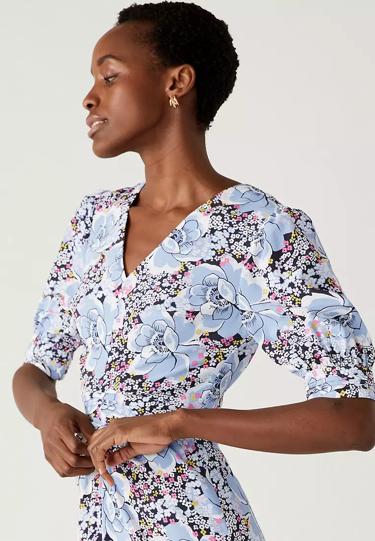 Floral V-Neck Midi Waisted Dress